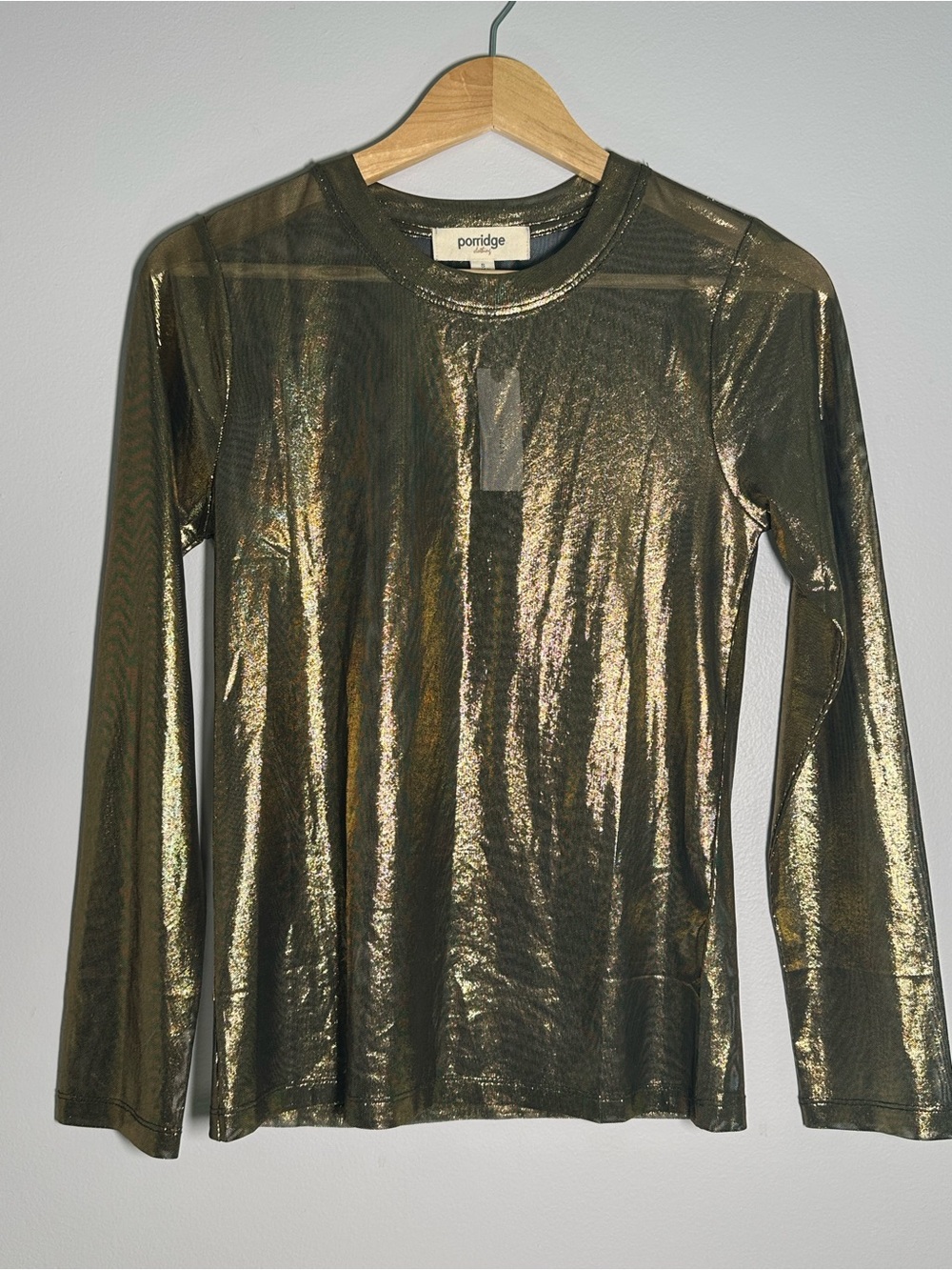 Anthropologie Porridge Gold Sheer Metallic Long Sleeve Top Small NWT